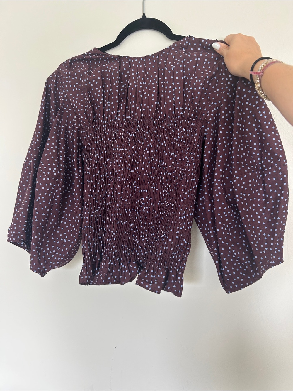 Zara Burgundy Polka Dot Smocked Puff-Sleeve Top NWT XS